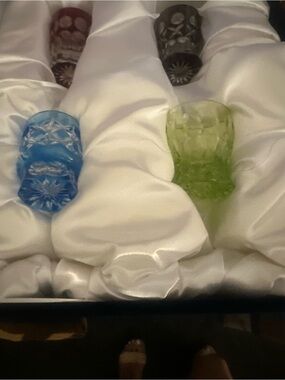 Faberge Blue,Green, purple, and wine Cut Glass Shot Glasses NiB